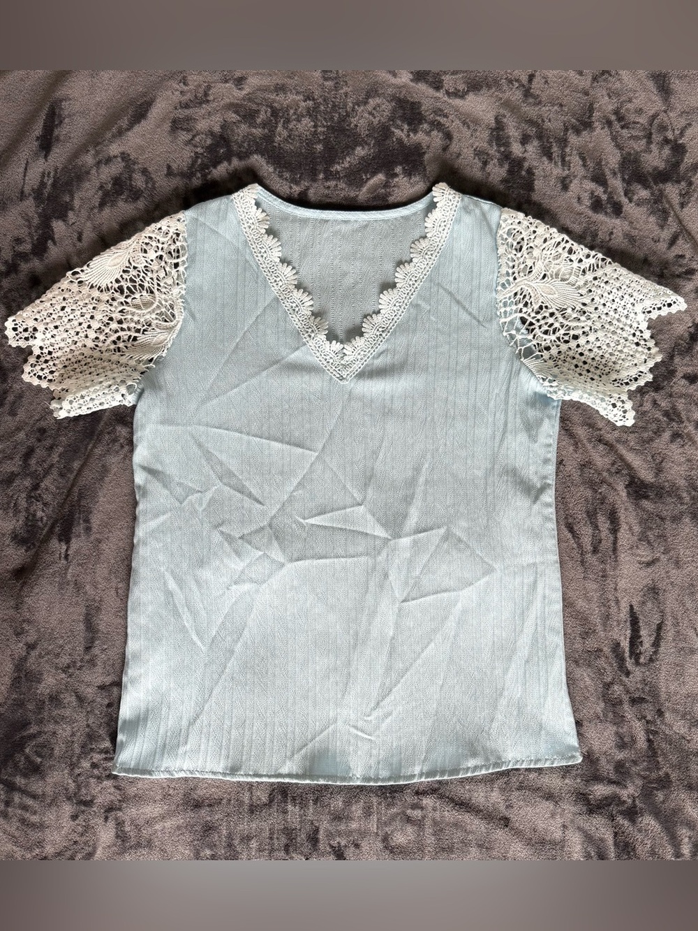 Light Blue V-Neck Top with Crochet Lace Sleeves